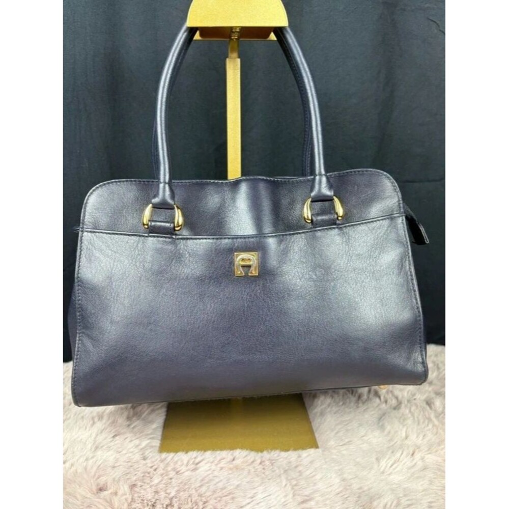 Etienne Aigner Vintage Navy Leather Satchel Handbag Gold Hardware Horseshoe Logo